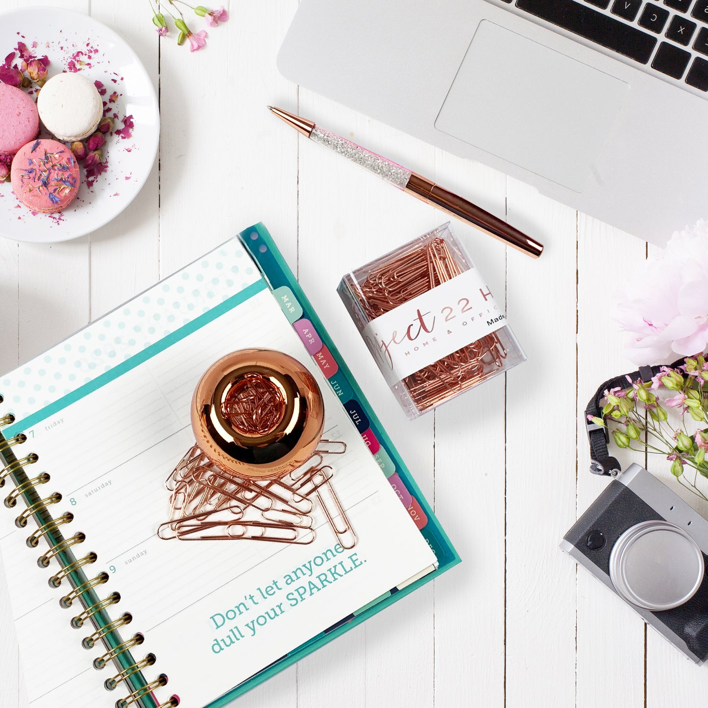 Project22 Home Rose Gold Office Desk Accessory Set | Stapler, Tape Dispenser, Binder Clips, Stapler with Staples and Remover, Sticky Note Holder, Pen Cup, Paperclips with Clip Dispenser