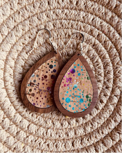 Metallic Multi Color + Wood Drop Earrings