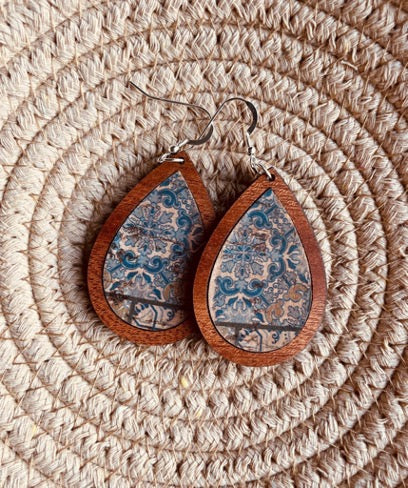 Mosaic Cork + Wood Drop Earrings