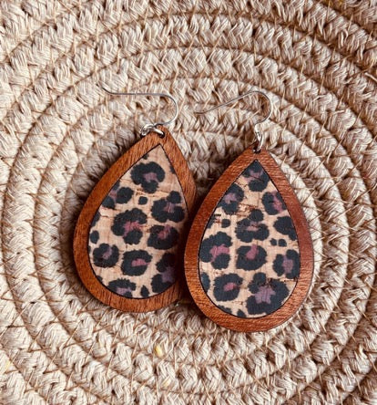 Leopard Cork + Wood Drop Earrings