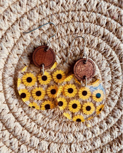 Sunflower Acrylic + Wood Drop Earrings