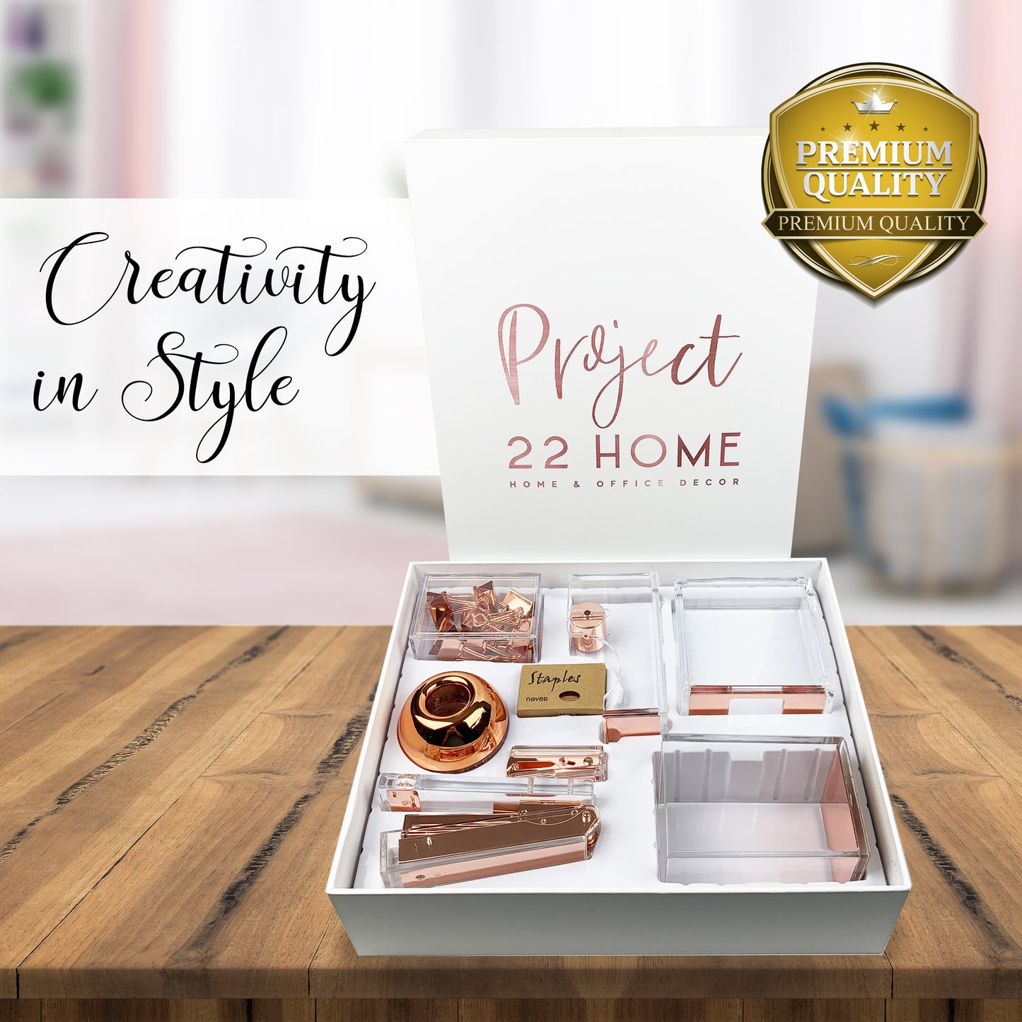 Project22 Home Rose Gold Office Desk Accessory Set | Stapler, Tape Dispenser, Binder Clips, Stapler with Staples and Remover, Sticky Note Holder, Pen Cup, Paperclips with Clip Dispenser