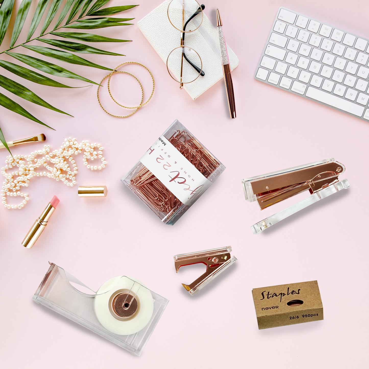 Project22 Home Rose Gold Office Desk Accessory Set | Stapler, Tape Dispenser, Binder Clips, Stapler with Staples and Remover, Sticky Note Holder, Pen Cup, Paperclips with Clip Dispenser