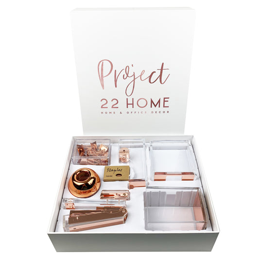 Project22 Home Rose Gold Office Desk Accessory Set | Stapler, Tape Dispenser, Binder Clips, Stapler with Staples and Remover, Sticky Note Holder, Pen Cup, Paperclips with Clip Dispenser