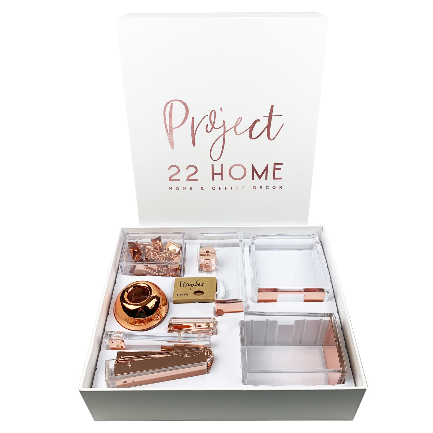 Project22 Home Rose Gold Office Desk Accessory Set | Stapler, Tape Dispenser, Binder Clips, Stapler with Staples and Remover, Sticky Note Holder, Pen Cup, Paperclips with Clip Dispenser