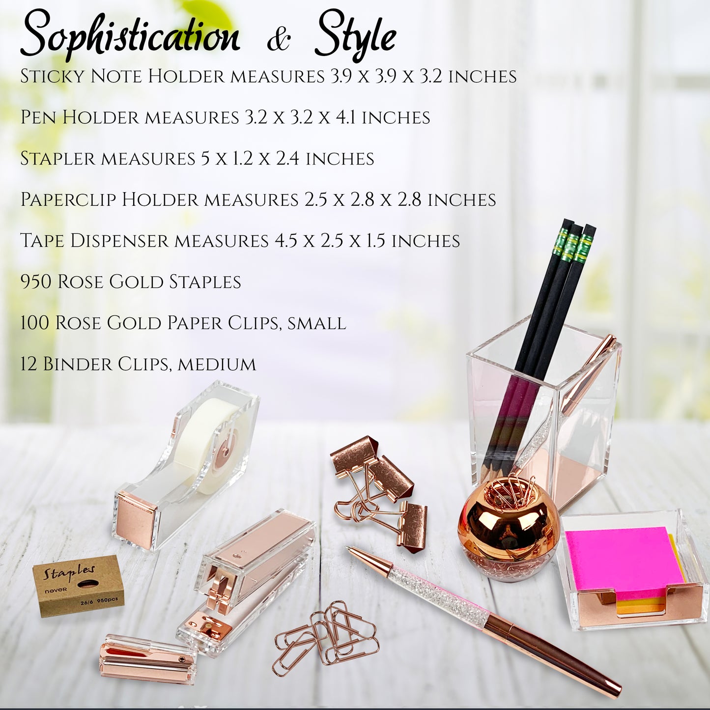 Project22 Home Rose Gold Office Desk Accessory Set | Stapler, Tape Dispenser, Binder Clips, Stapler with Staples and Remover, Sticky Note Holder, Pen Cup, Paperclips with Clip Dispenser
