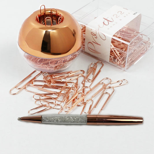 PROJECT22 Rose Gold Office Desk Accessory Bundle | Round Paper Clip Holder with Magnetic Lid, 170 Assorted Rose Gold Paperclips with Clip Storage Box and Rose Gold Crystal Ballpoint Pen